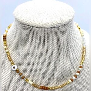 Tan/Cream/Gold Beaded Choker Necklace w/ Heart Charm Preppy Boho-chic Coastal